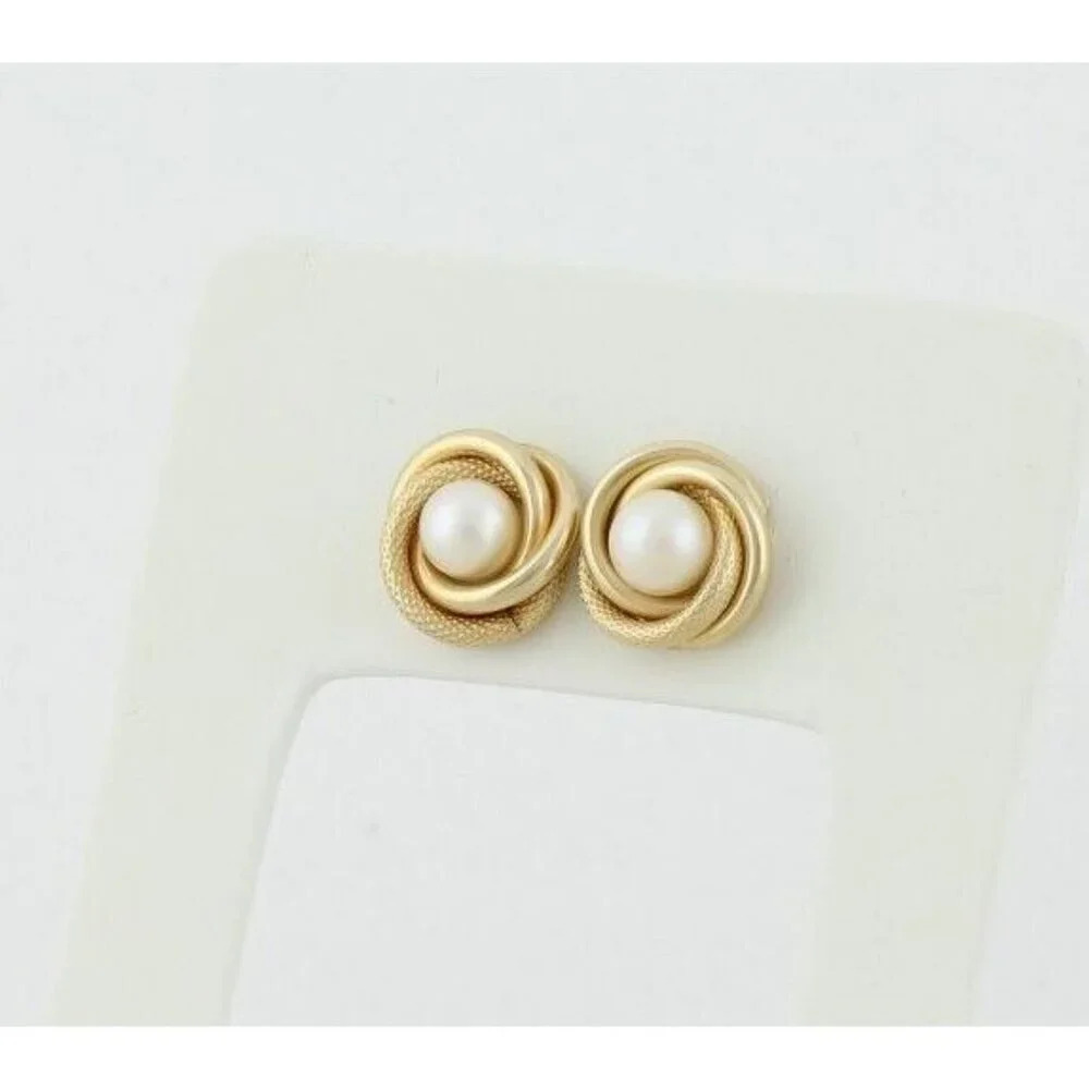 10k Yellow Gold Freshwater Pearl Knot Earrings Stud Post - Picture 5 of 9